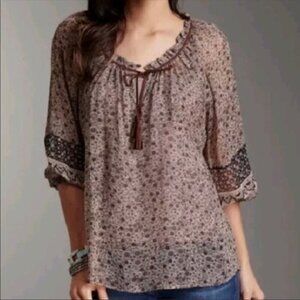 Joie Boho Sheer Floral Tassels Silk Peasant Top Size Small